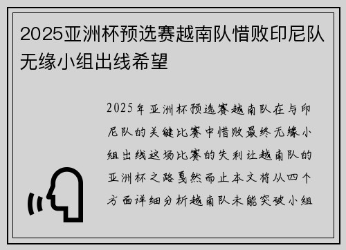 2025亚洲杯预选赛越南队惜败印尼队无缘小组出线希望