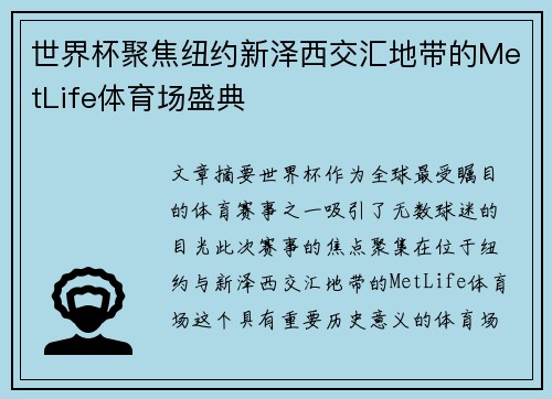 世界杯聚焦纽约新泽西交汇地带的MetLife体育场盛典